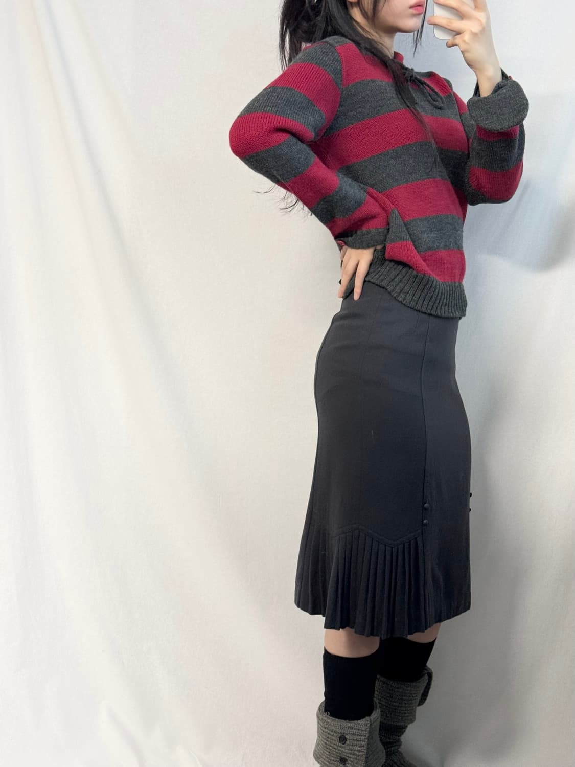 프론트 버튼 패널 플리츠 디테일 울 스커트 상품이미지2