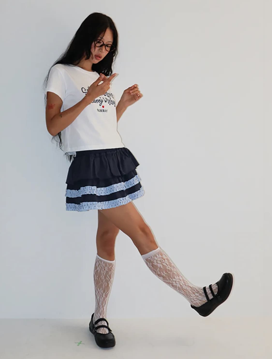 론론 캉캉 레이어드 도트 스커트 팬츠 네이비 상품이미지6