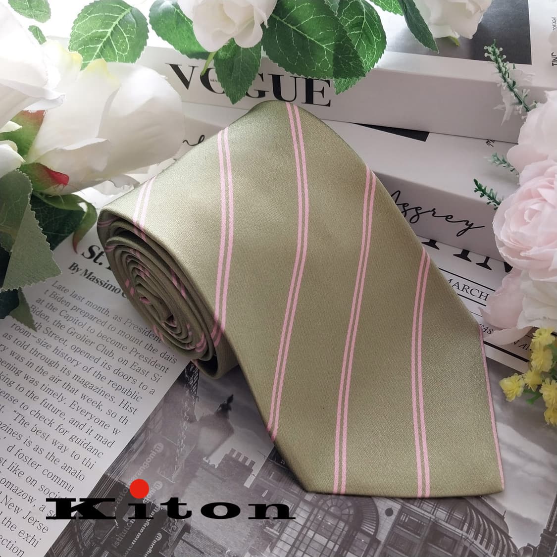 키톤 실크 라이트카키 스트라이프 넥타이 9.9cm A+등급 K1320
 상품이미지1