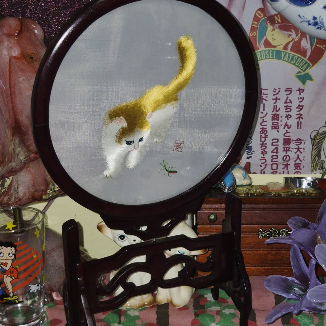 70s 쑤저우 오리엔탈 자수 고양이 우드 장식 상품이미지6