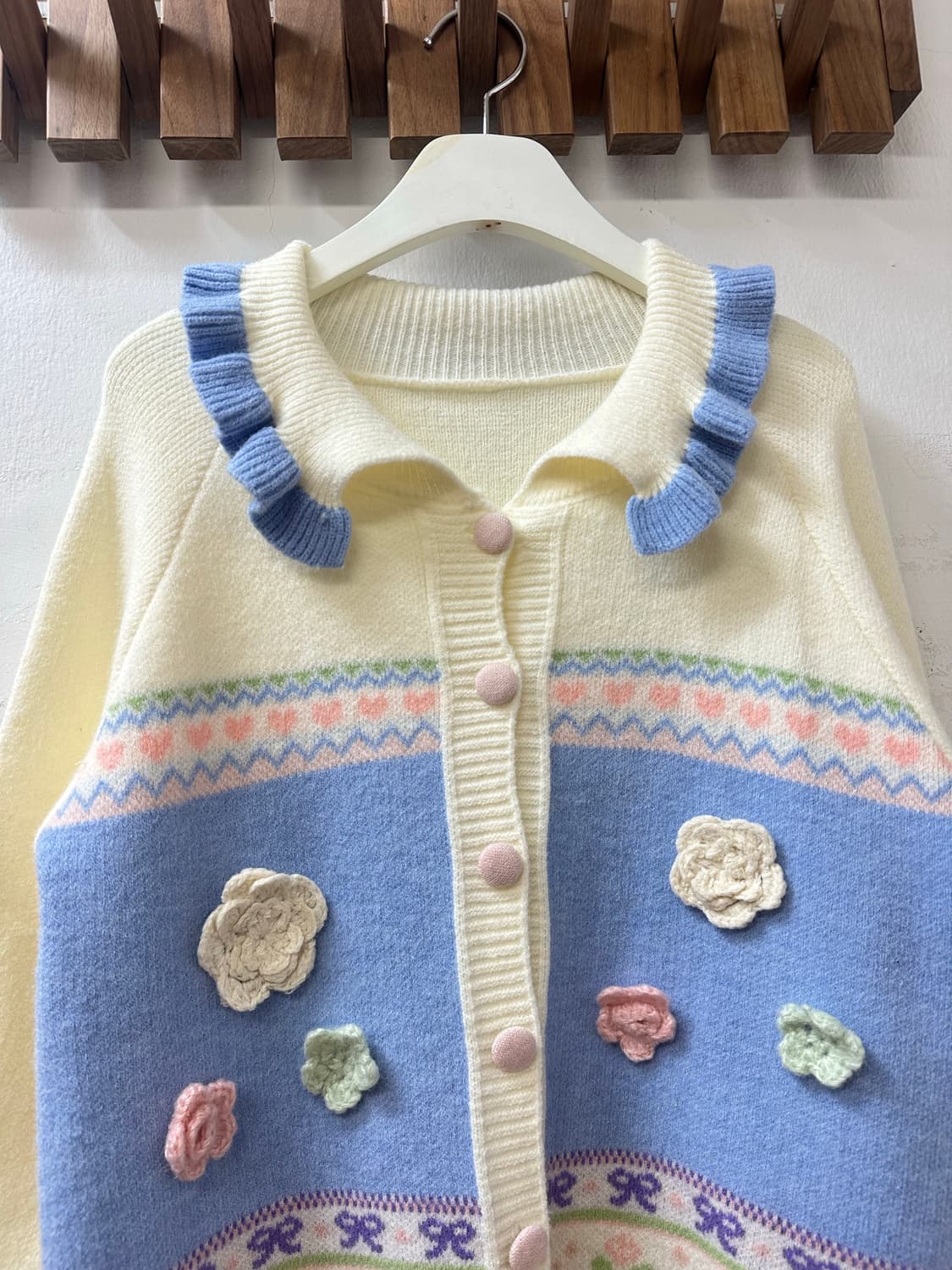 일본빈티지 플라워 크로셰 디테일 프릴 카라 니트 가디건 상품이미지2