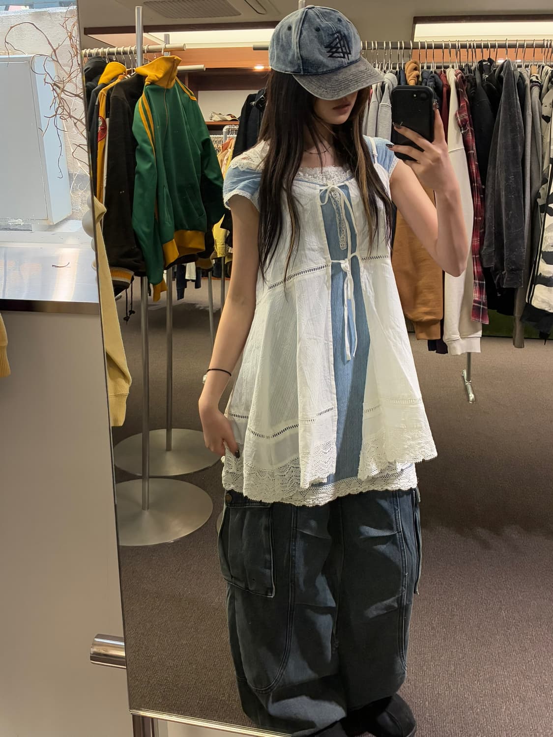 OS)Japanese vintage 여성 화이트 펀칭 레이어드 나시 원피 상품이미지2