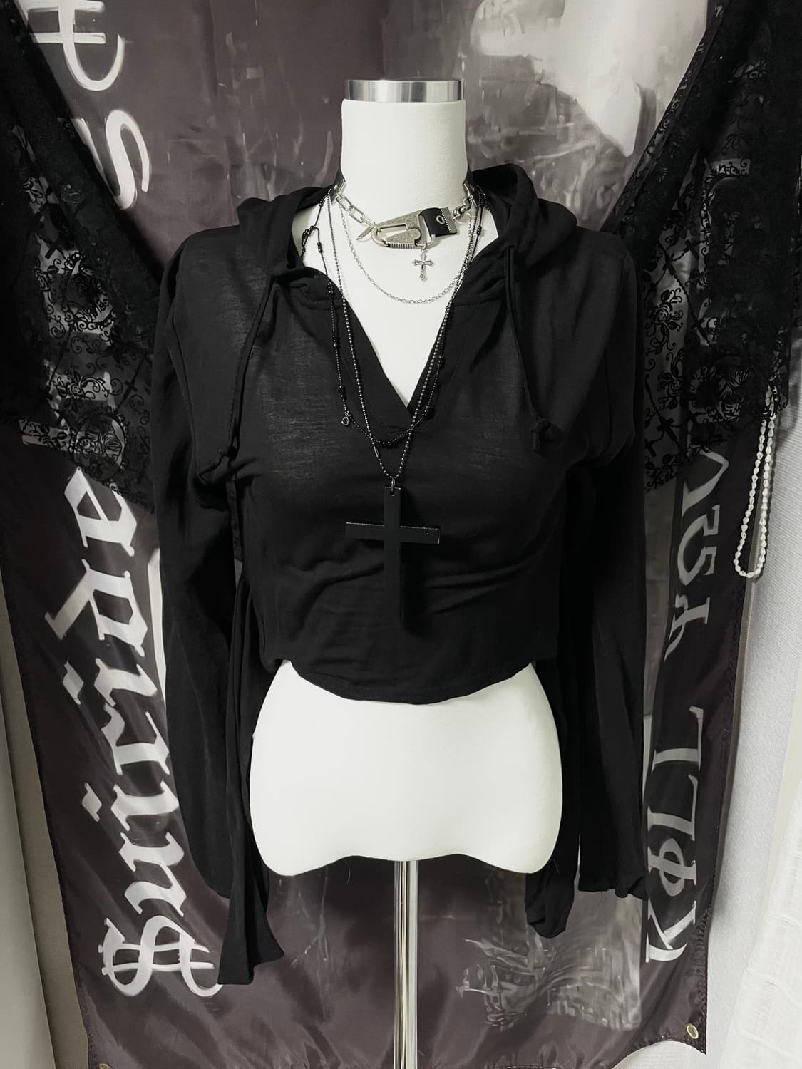 빈티지 시스루 크롭 후드 백포인트 레이어드 롱슬리브탑 00s 2010고스 상품이미지1