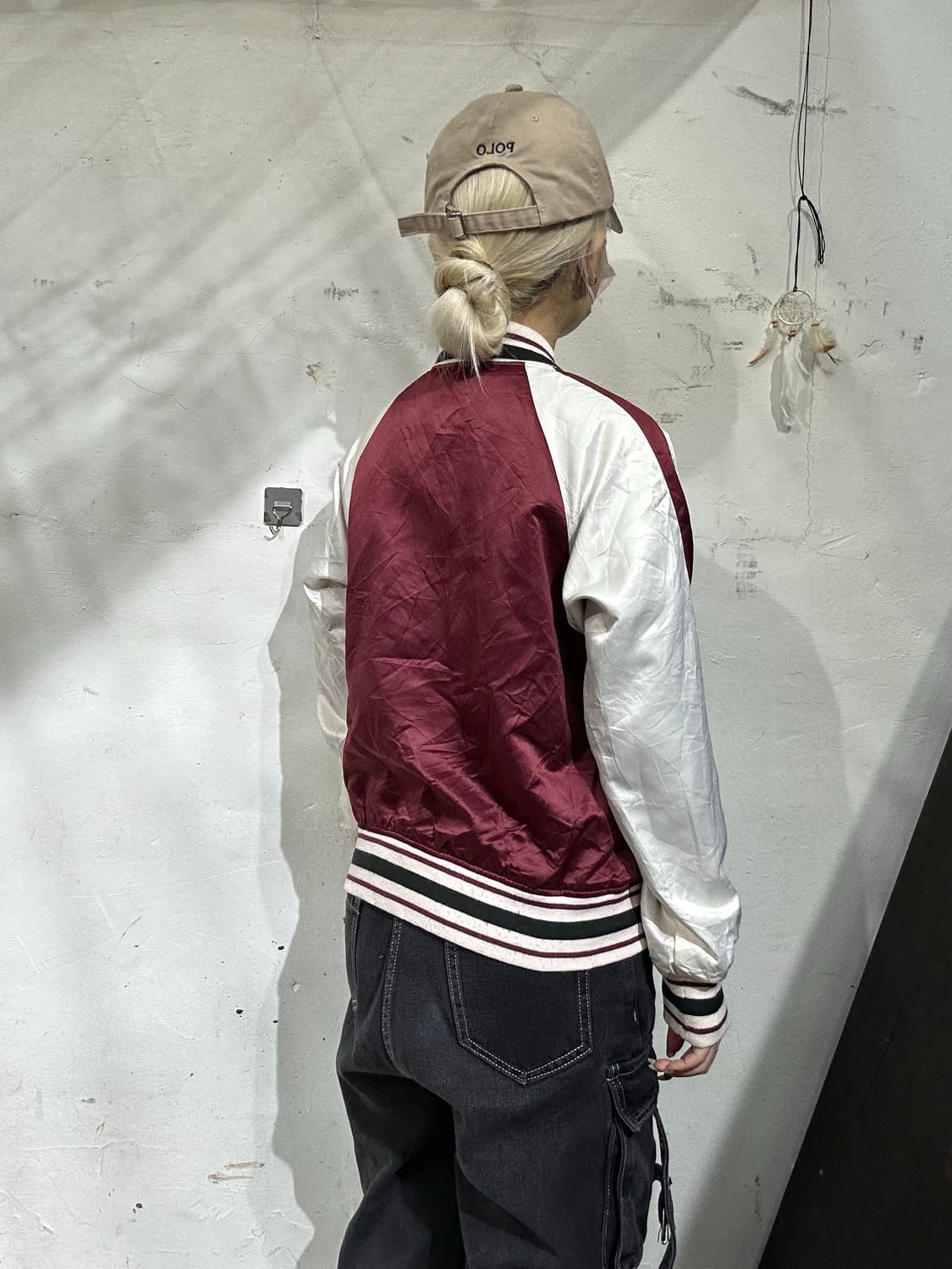 일본 빈티지 버건디 화이트 자수 크롭 스카잔 자켓 M 상품이미지3