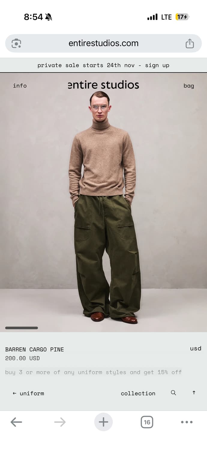 Entire studios 배런 카고 팬츠 카키 S 상품이미지1