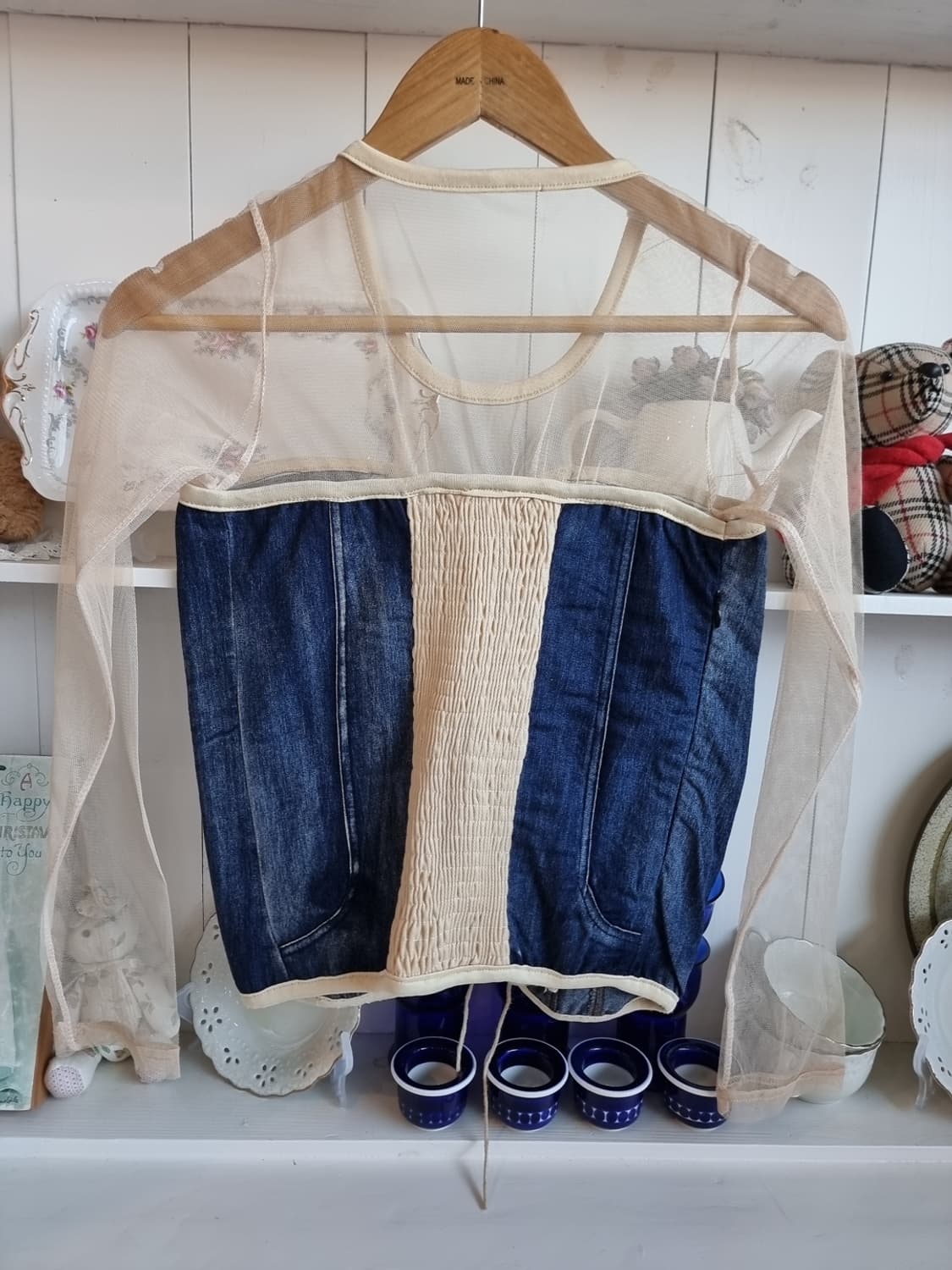 시스루 메쉬 + 데님 코르셋 블라우스 상품이미지4