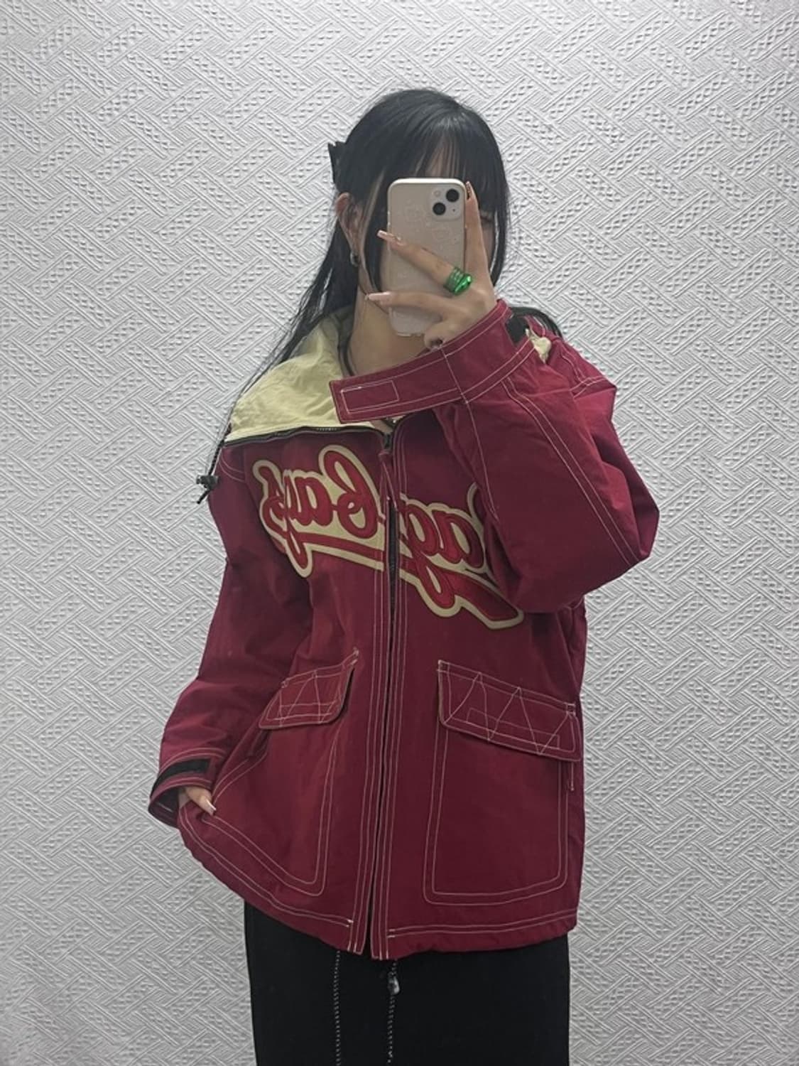 재팬 빈티지 올드스쿨 레트로 버건디와인 누빔 후드자켓 M C08261 상품이미지2