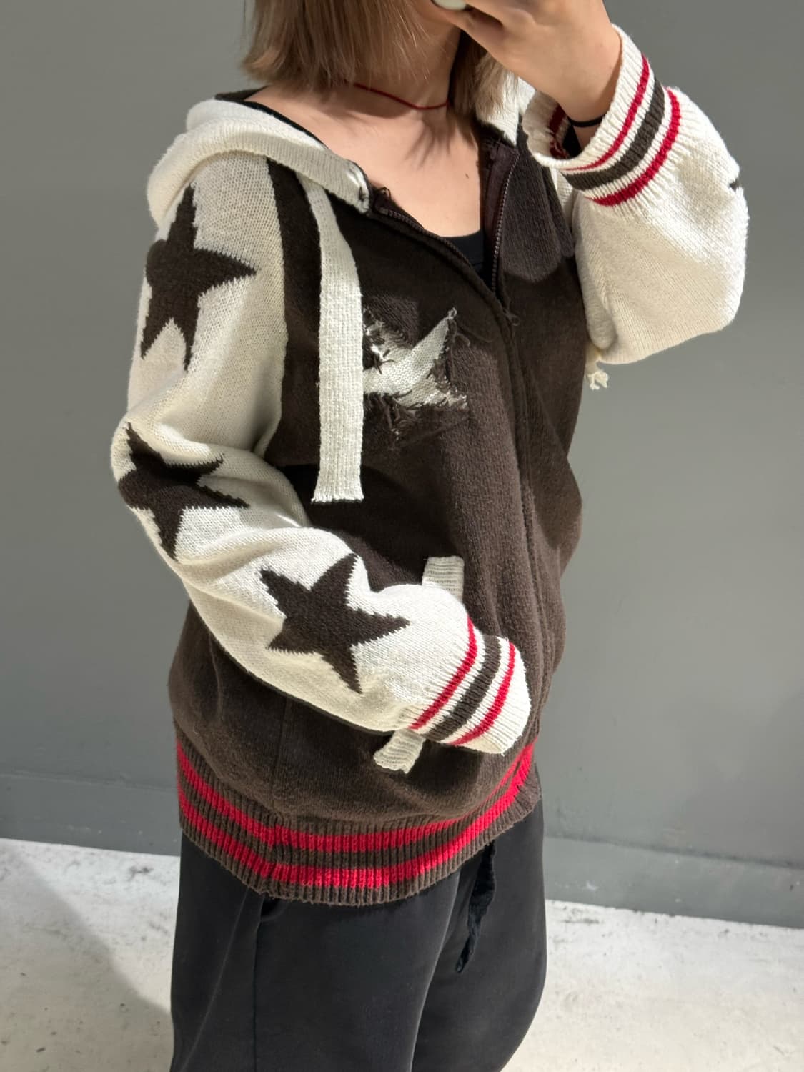 star pattern point knit hood zip-up 상품이미지4