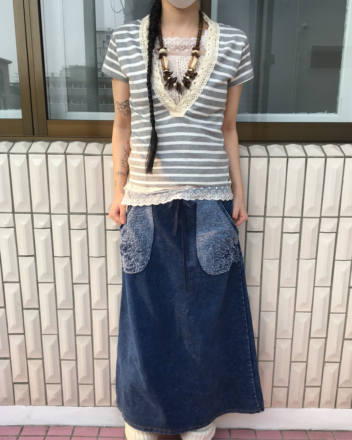 Crochet trimming stirpe pattern t shirt 상품이미지1