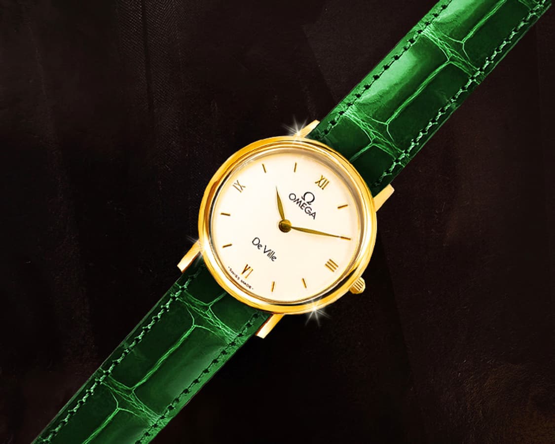 오메가 드빌 희귀 화이트 아이보리 다이얼 여성 그린 악어 가죽 시계 상품이미지4
