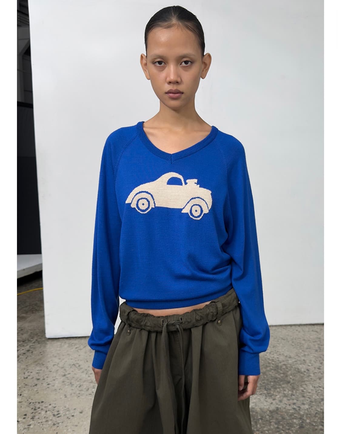 open yy car graphic knit top, blue 상품이미지1