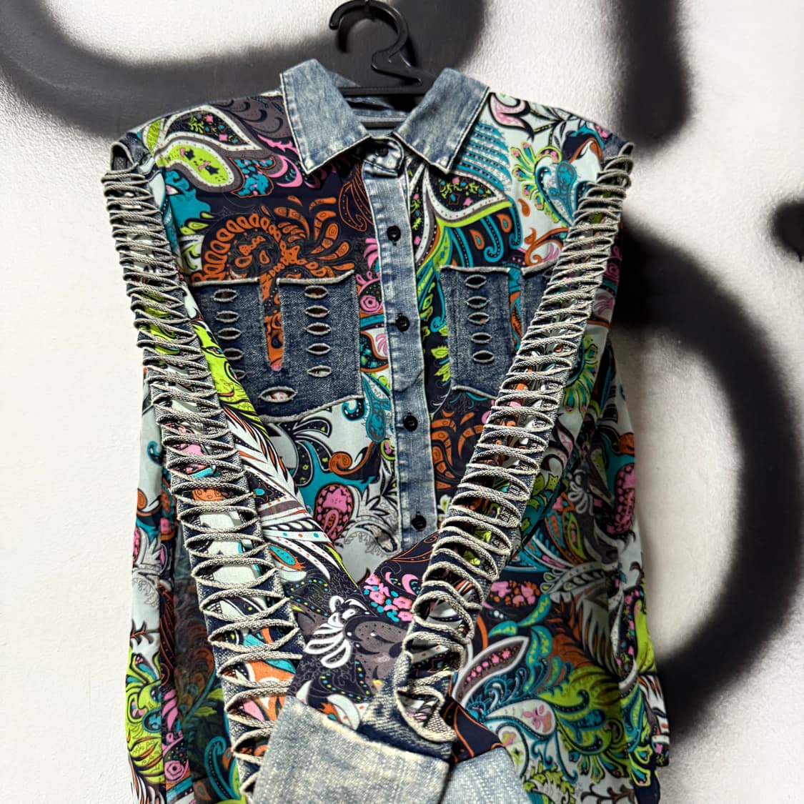 VTG 빈티지 오리엔탈 풀 패턴 데님 배색 블라우스 셔츠 상품이미지5