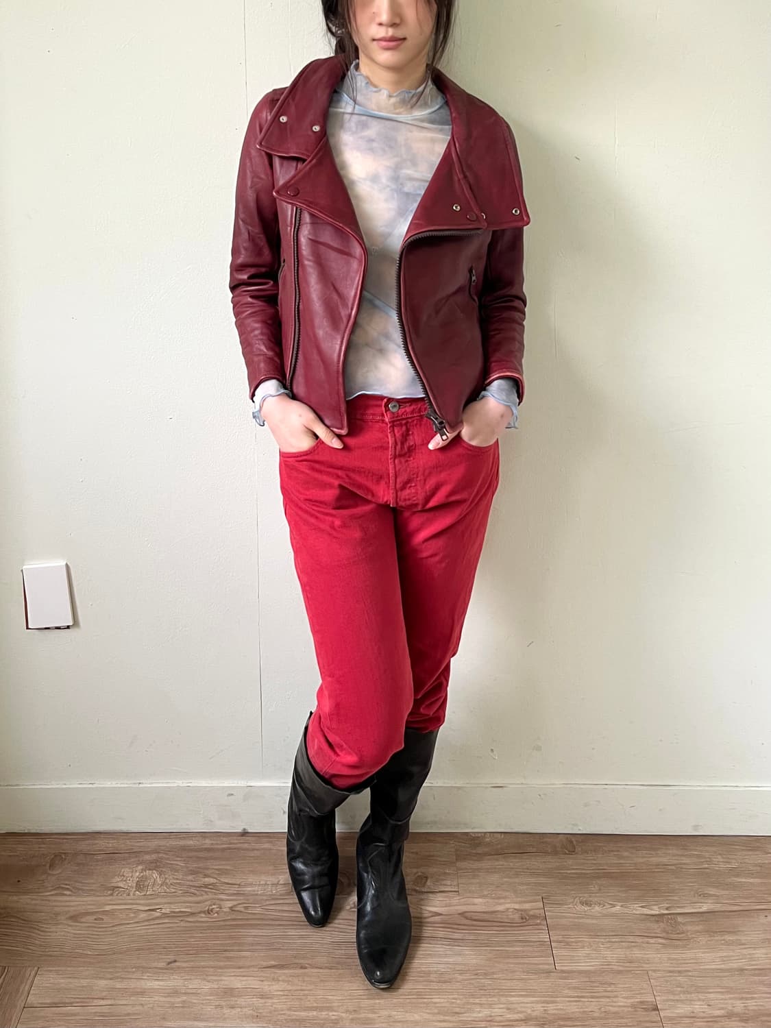 HANA FO GUIFAR 레드 레더자켓 상품이미지5