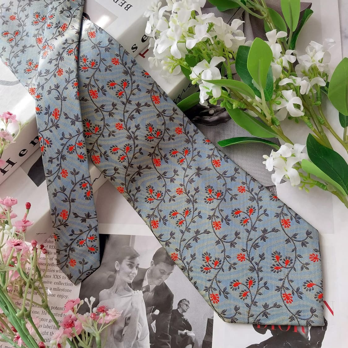 아쿠아스큐텀 실크 블루 플로럴 패턴 넥타이 9.7cm A등급 K2166 상품이미지2