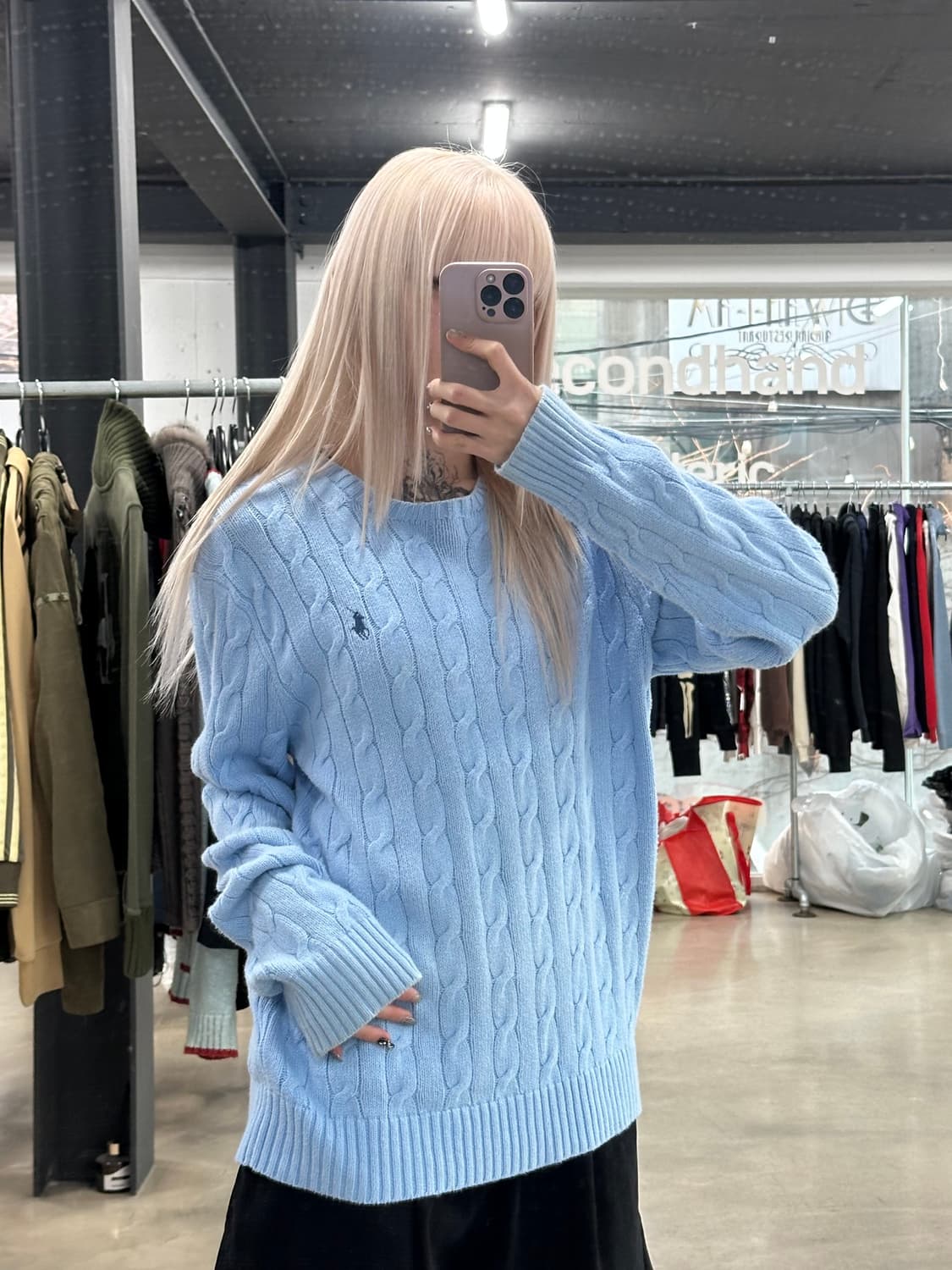  폴로 랄프 로렌 꽈배기 크루넥 소라색 니트  나혼자산다 코드쿤스트 니트 상품이미지2