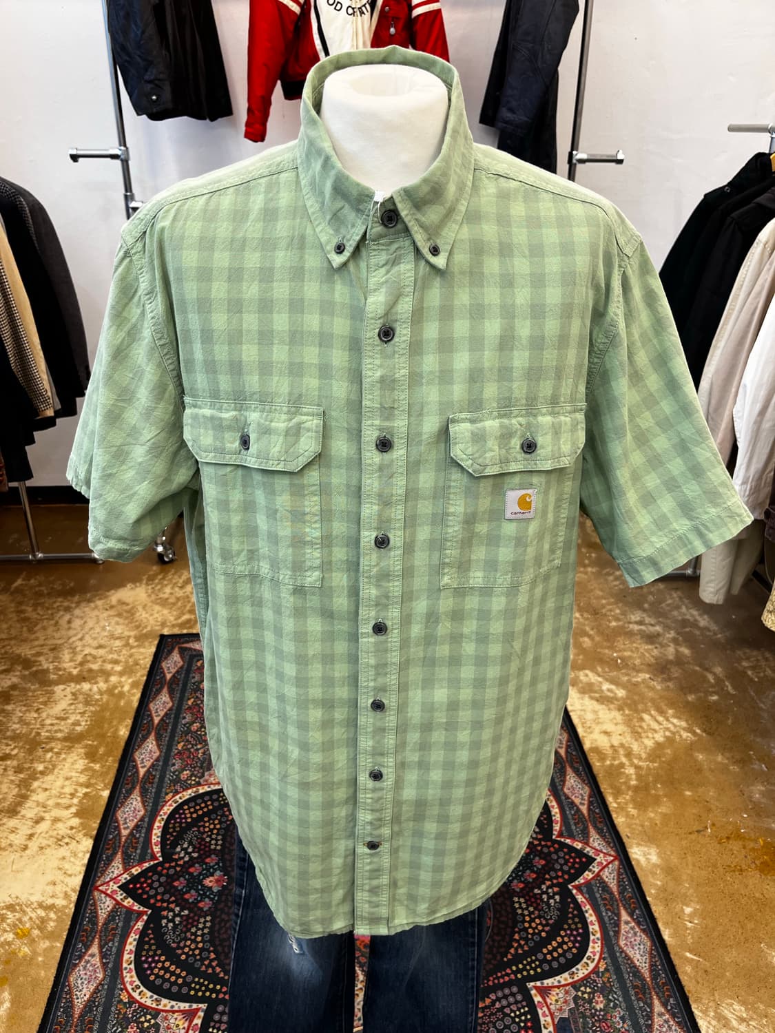 칼하트 더블 포켓 체크 반팔 셔츠 그린 상품이미지2