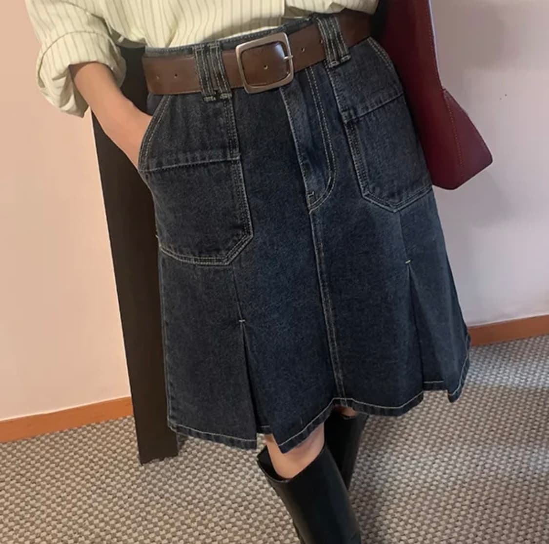 나이니 프렌치스 포켓 플리츠 데님 스커트 상품이미지1