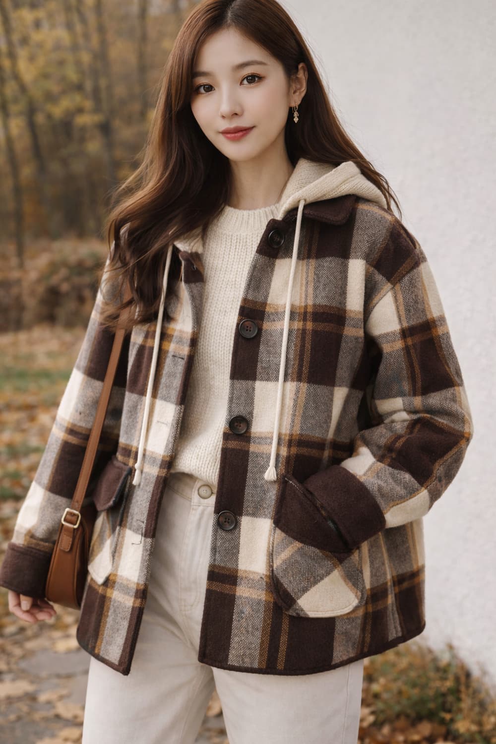 니트 후드 체크 도톰 브라운 재킷 F(44~55) 상품이미지1