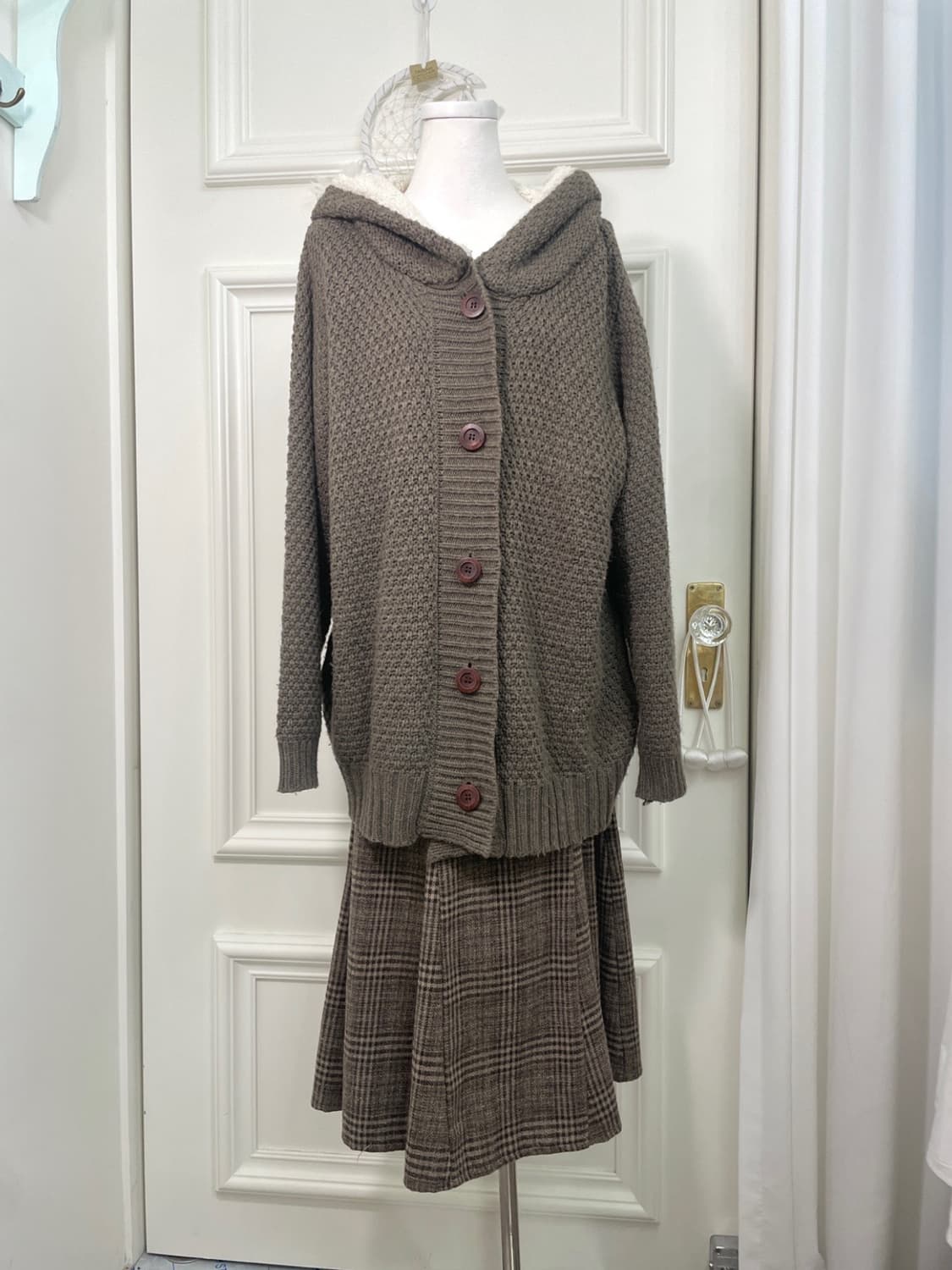 brown wool check flare long skirt 상품이미지6