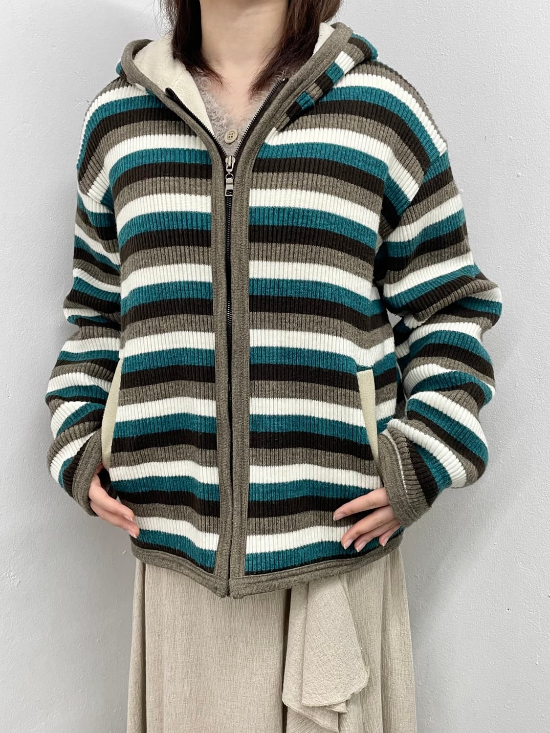 모리 스트라이프 니트 헤비 집업 상품이미지1