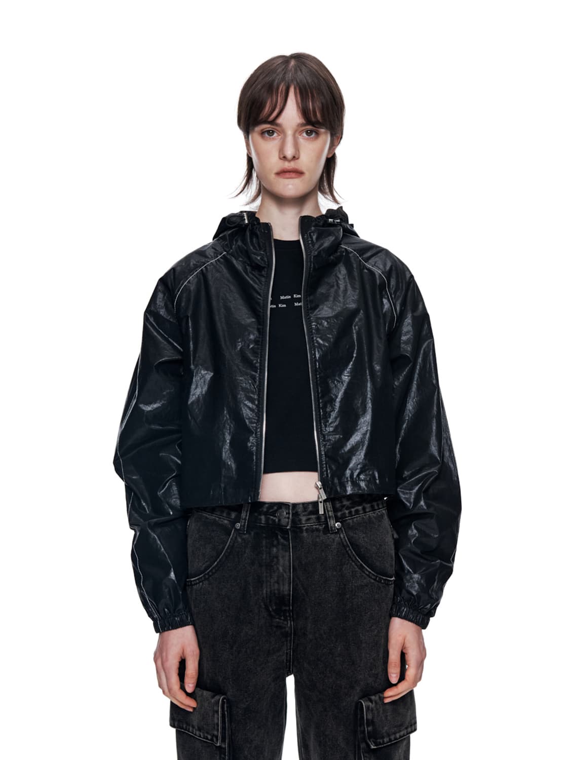 마뗑킴 마뗑 크롭 후디 코팅 점퍼 블랙 상품이미지9