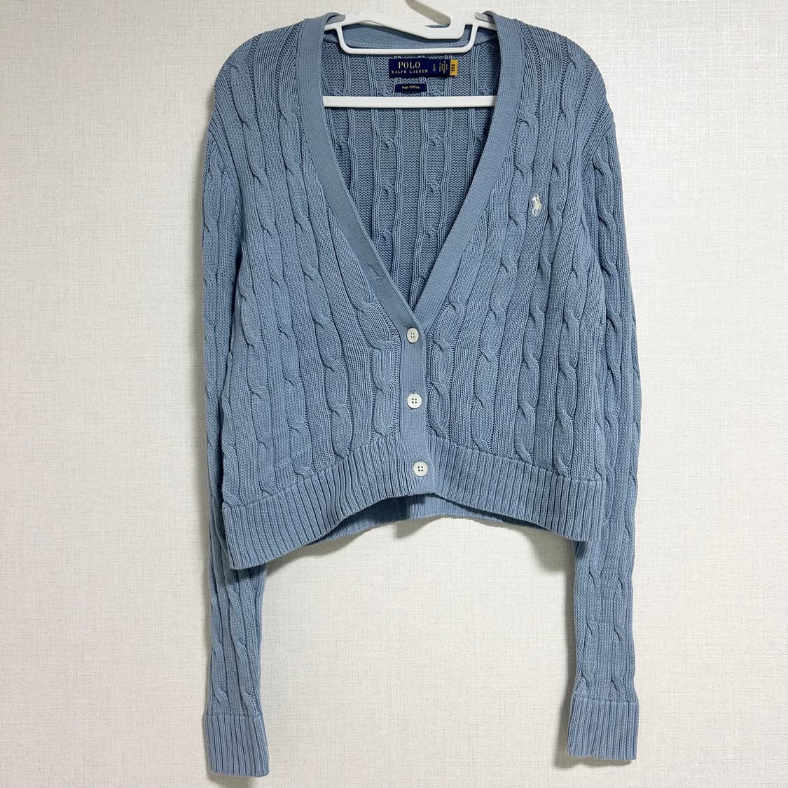 폴로 랄프로렌 신형 큐알 브이넥 꽈배기 니트 가디건 스카이블루 소라 L 상품이미지4