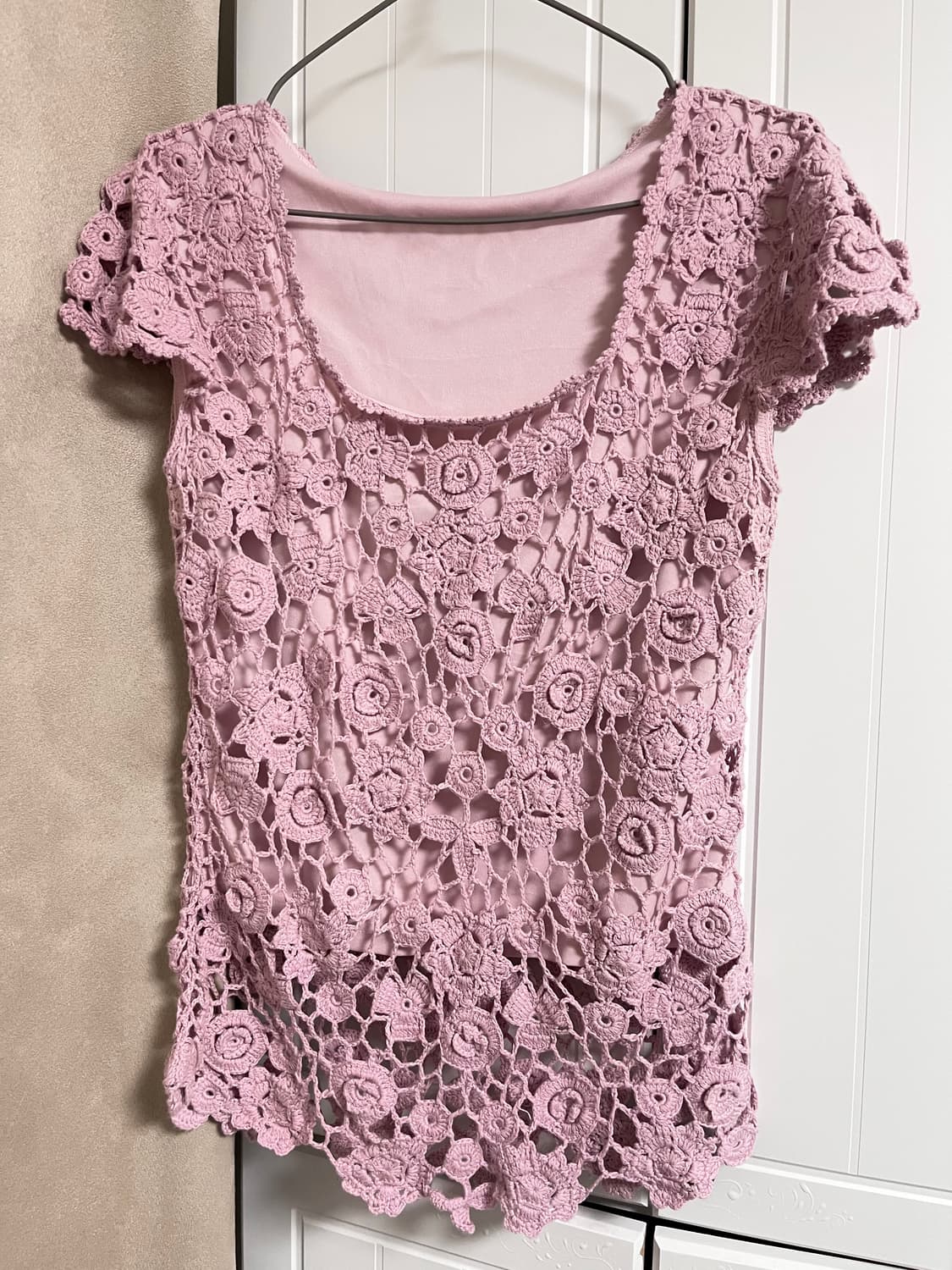 핑크 크로쉐 니트 반팔 상품이미지1