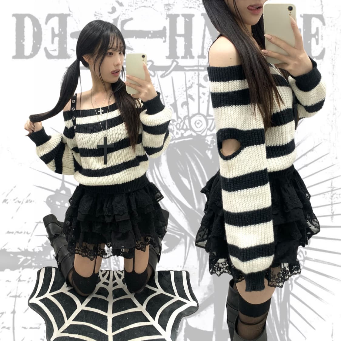 펑크 미사깔 아일렛 스트라이프 오프숄더 트임 니트 상품이미지1