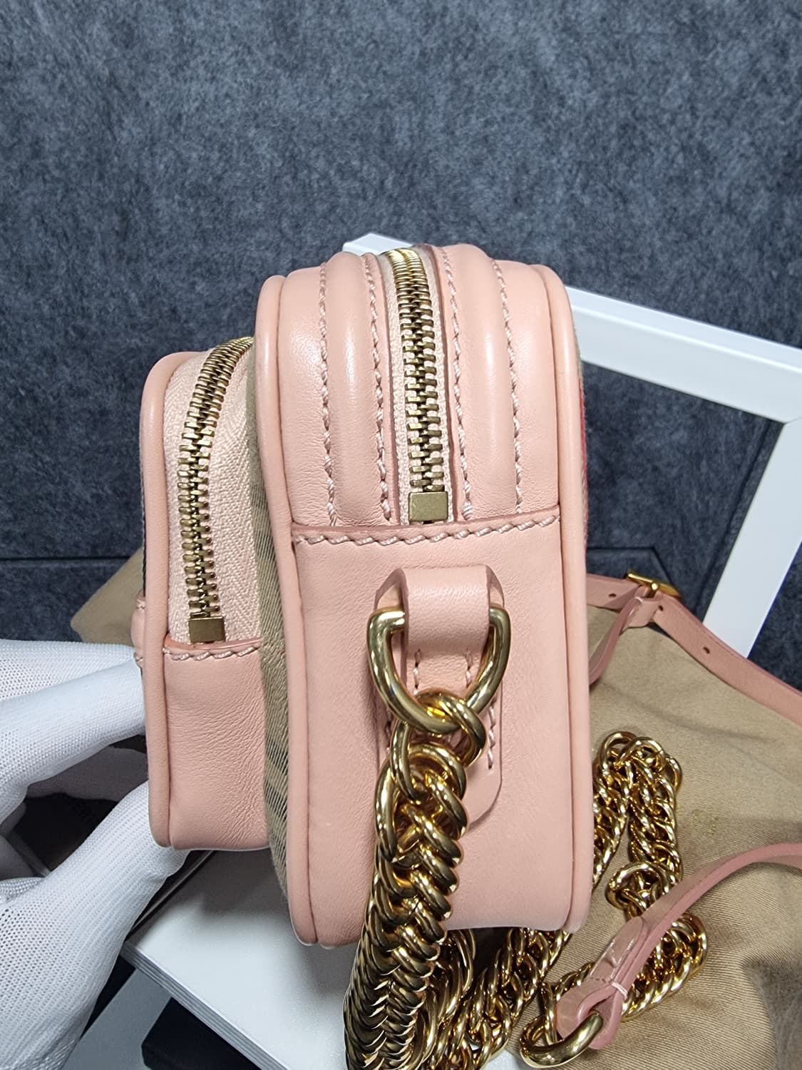 버버리 빈티지 체크 코튼 핑크 링크 체인 카메라백 상품이미지5