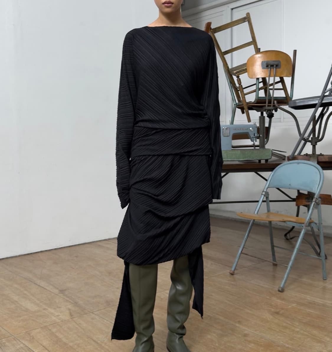 오픈와이와이 플리츠 스커트 블랙 M 상품이미지1