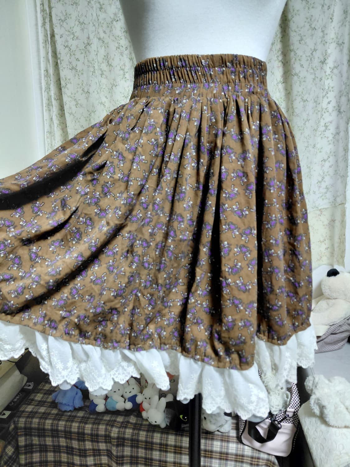 [일본빈티지 리폼] 갈색 꽃무늬 레이스 미니 스커트 상품이미지1