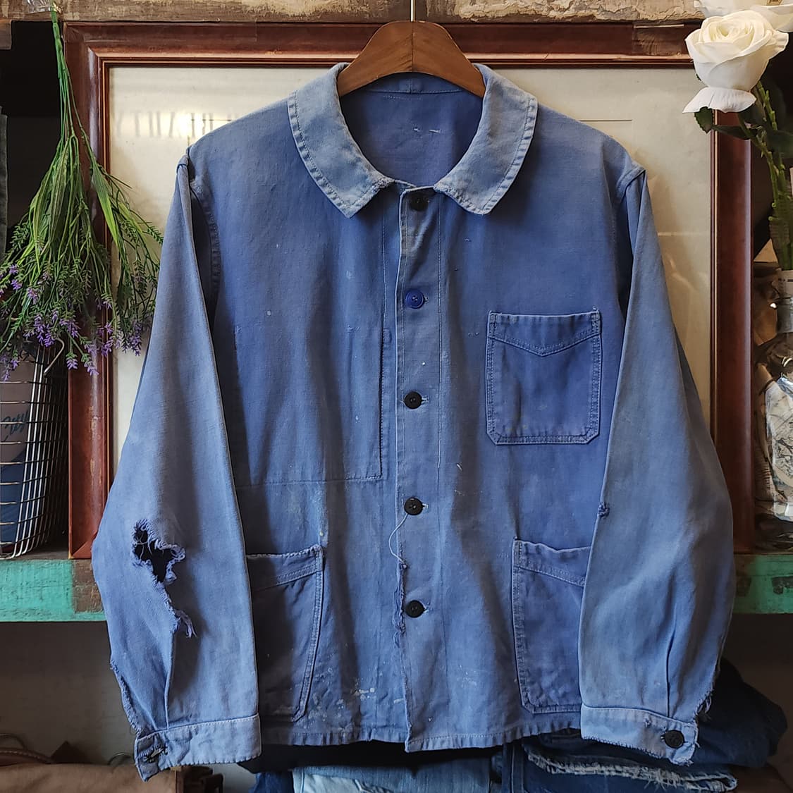 60s 프렌치 워크자켓 프렌치자켓 페이딩 블루 썬페이딩 m 상품이미지1