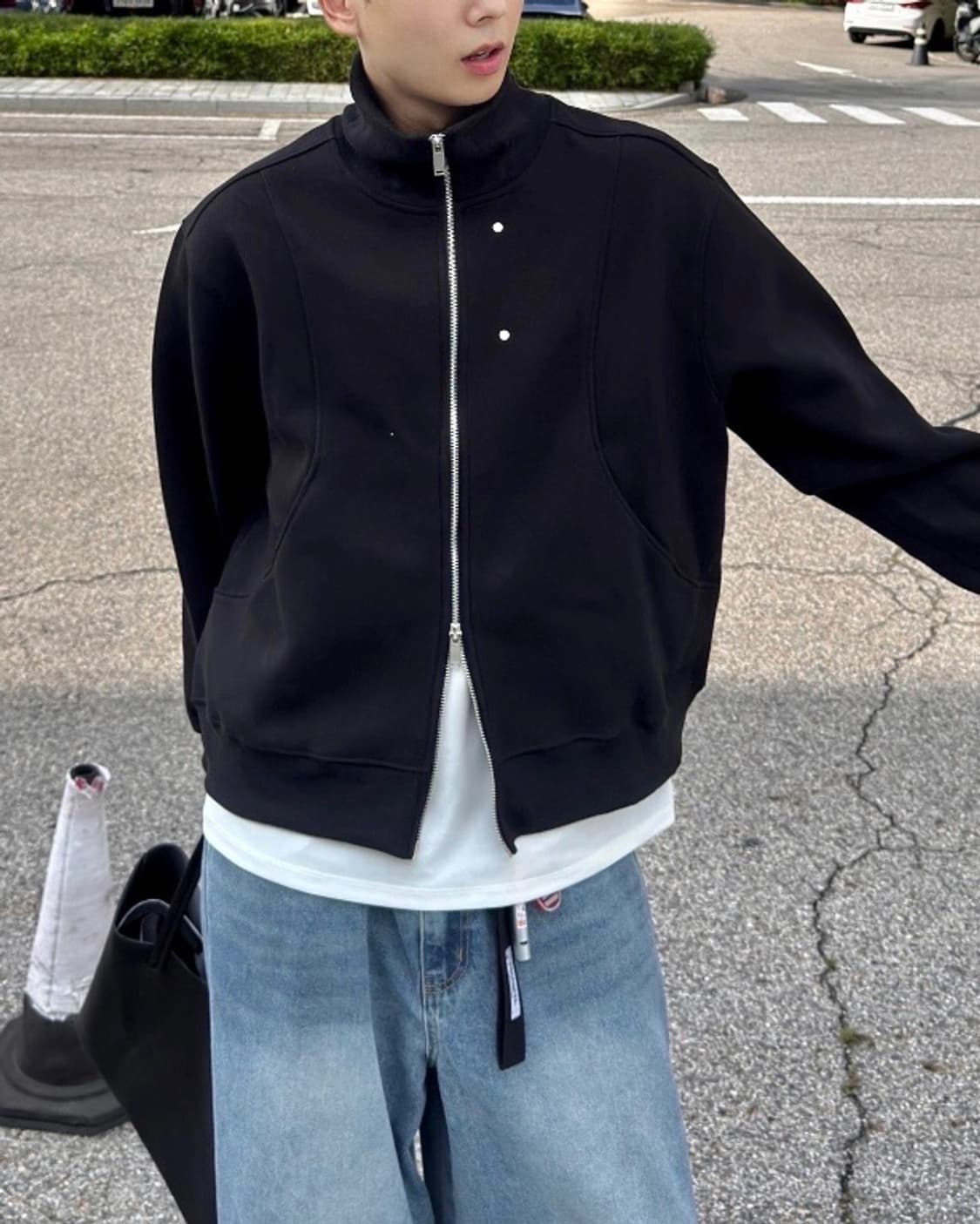 AONE 하이넥 리벳 포인트 블랙 집업 자켓 투웨이 져지 저지 트랙탑 상품이미지2