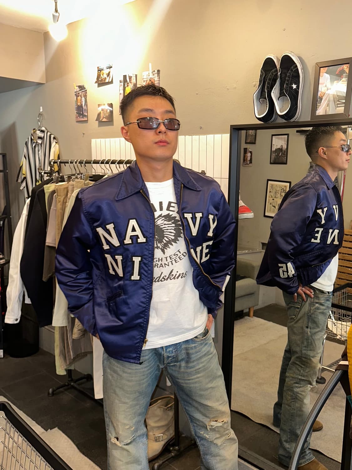 90’s Navy Nine patch satin coach jacket 상품이미지2