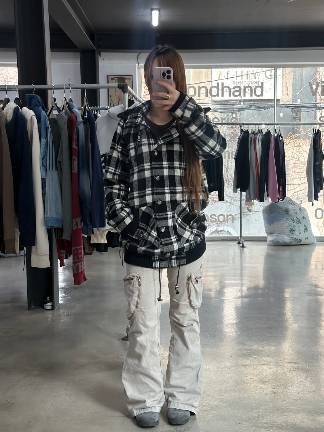빈티지 Y2k 버튼 포켓 체크 롱점퍼 상품이미지3