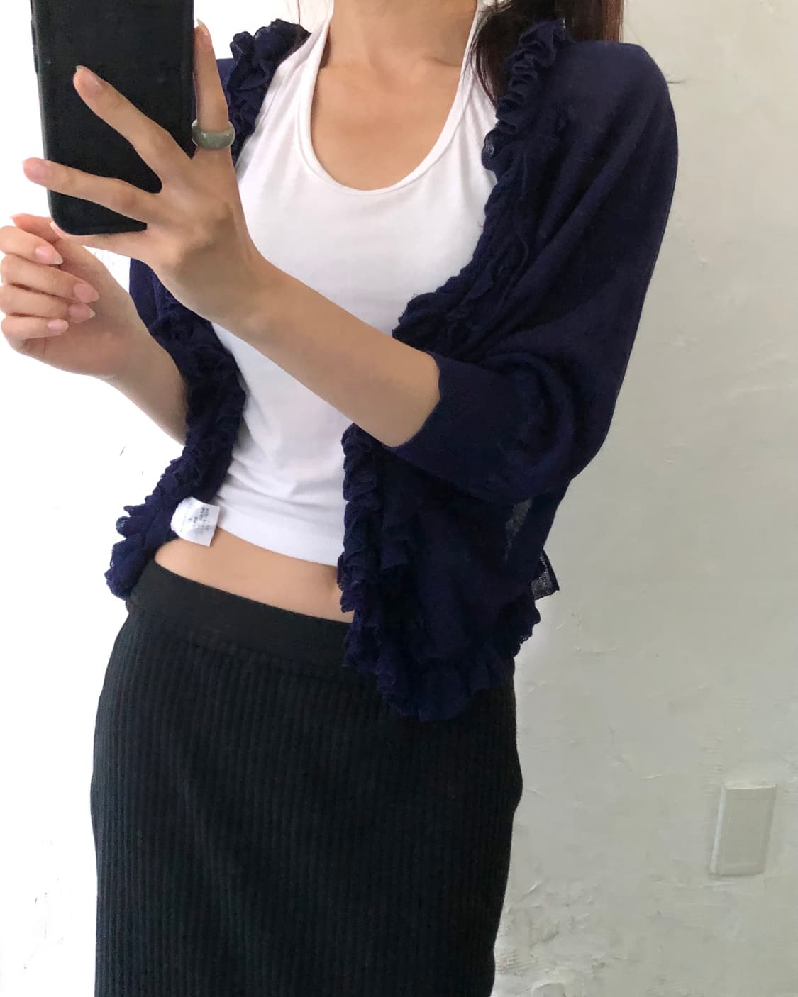츠모리치사토 네이비컬러 러플 카라 반팔 가디건 상품이미지1