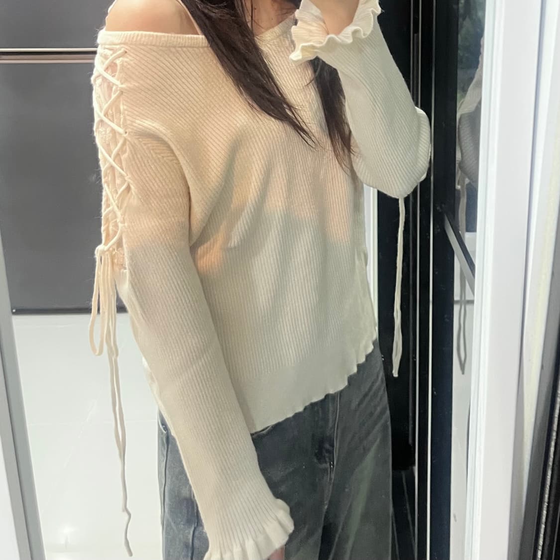 빈티지 아이보리 플라워 레이스 리본 니트 블라우스 상품이미지2