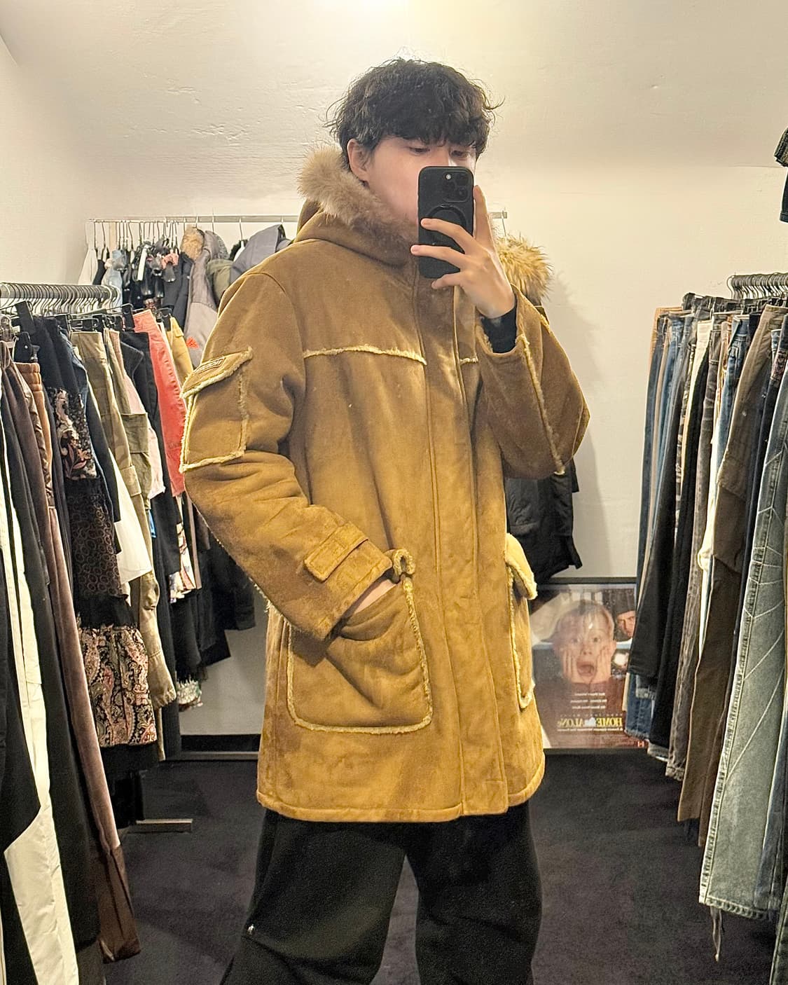 COMME CA NO TURN MEN 후드 후디 털 롱 무스탕 카멜 코트 상품이미지1