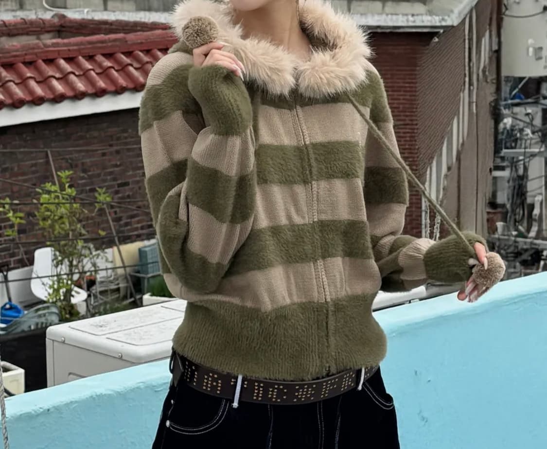 새상품)루나키후 니트 후드집업 카키 상품이미지3