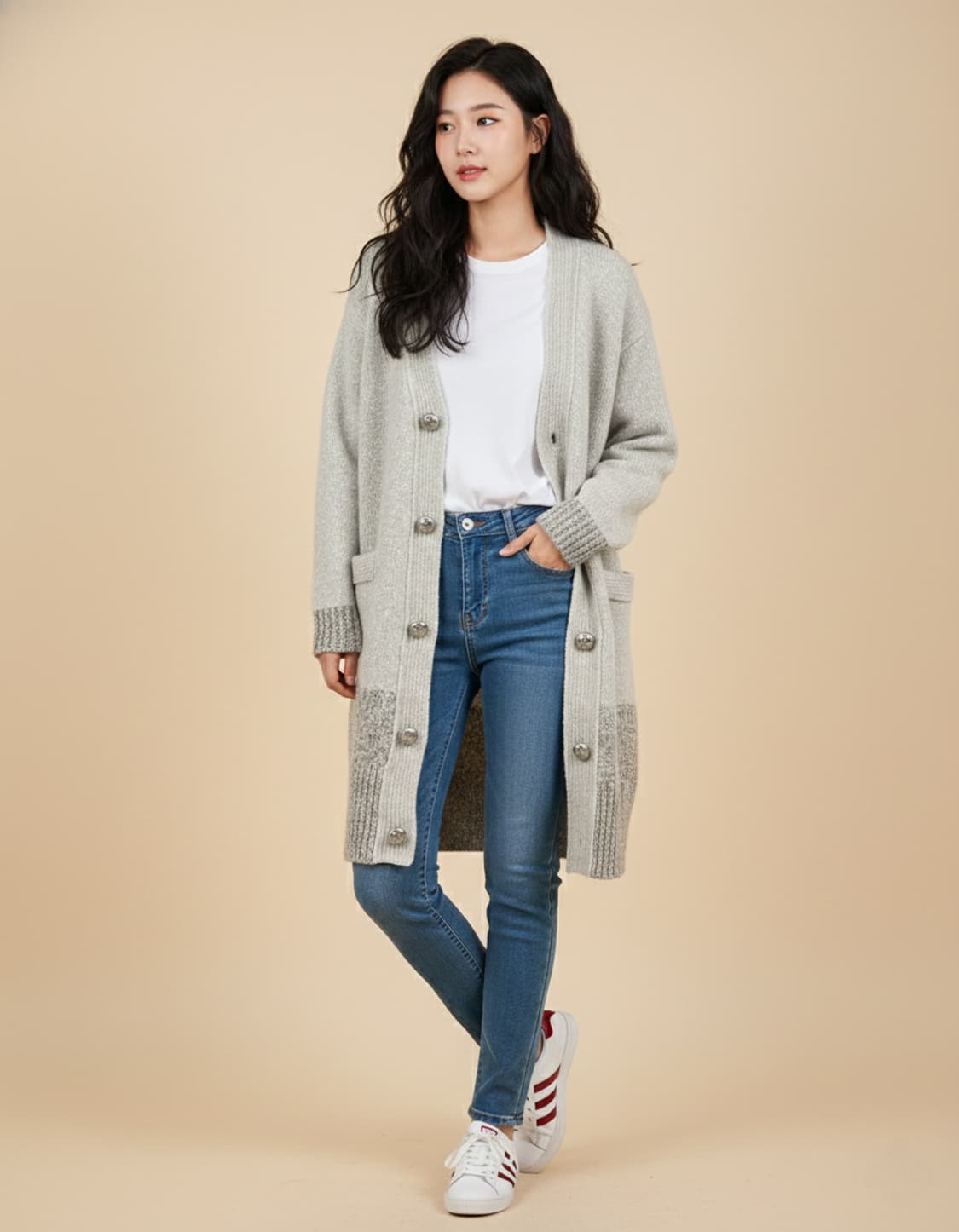 럭키슈에뜨[LUCKY CHOUETTE] 여성 믹스 텍스처 롱 니트 가디건 상품이미지1