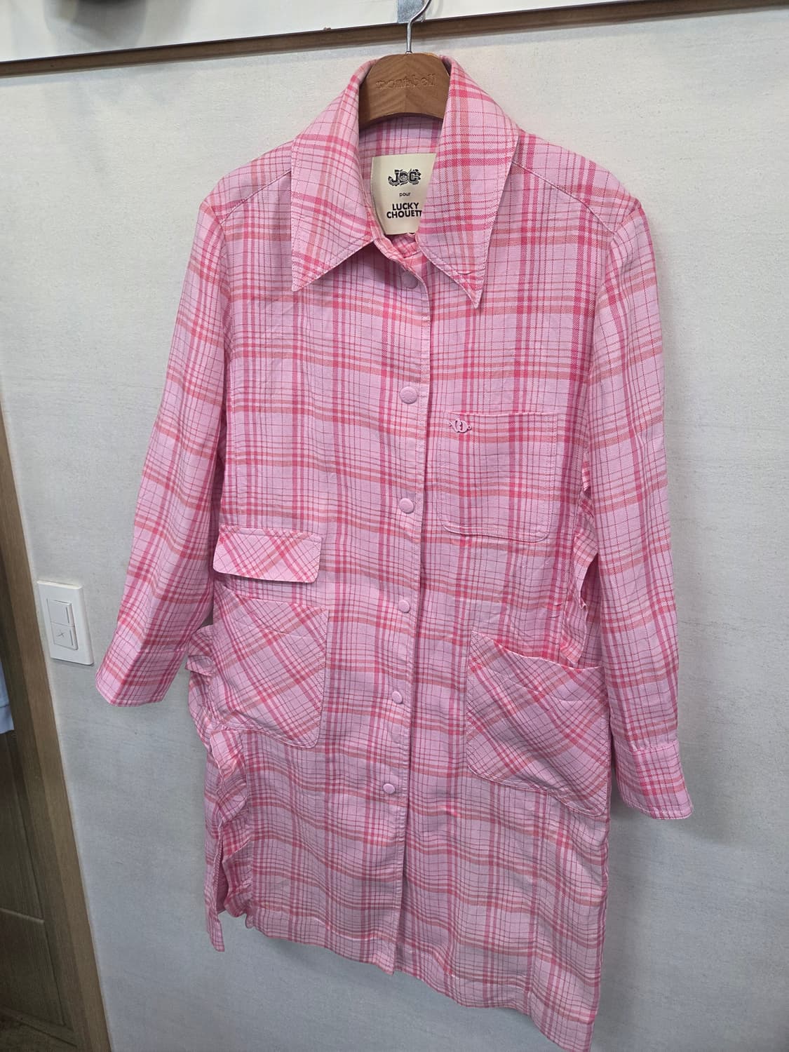 럭키슈에뜨 린넨 체크 셔츠타입 코트 핑크자켓 36사이즈  상품이미지6