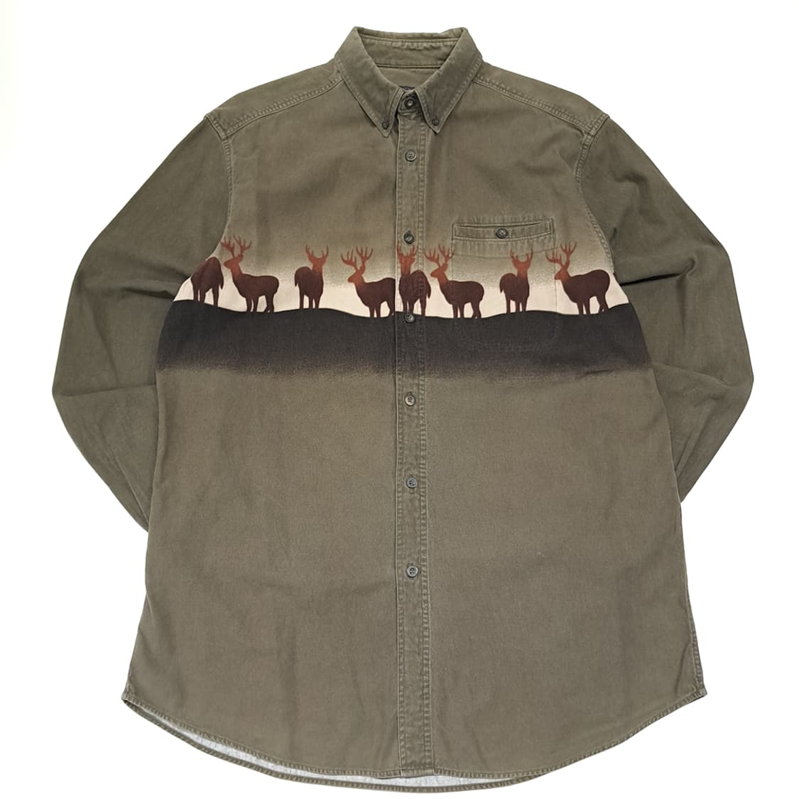 CL498 XL 울리치 90s 마카오판 코튼 사슴그래픽 올리브 셔츠 상품이미지1