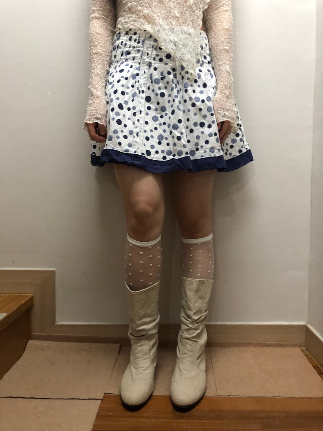 빈티지 화이트 블루 도트 스커트 상품이미지3