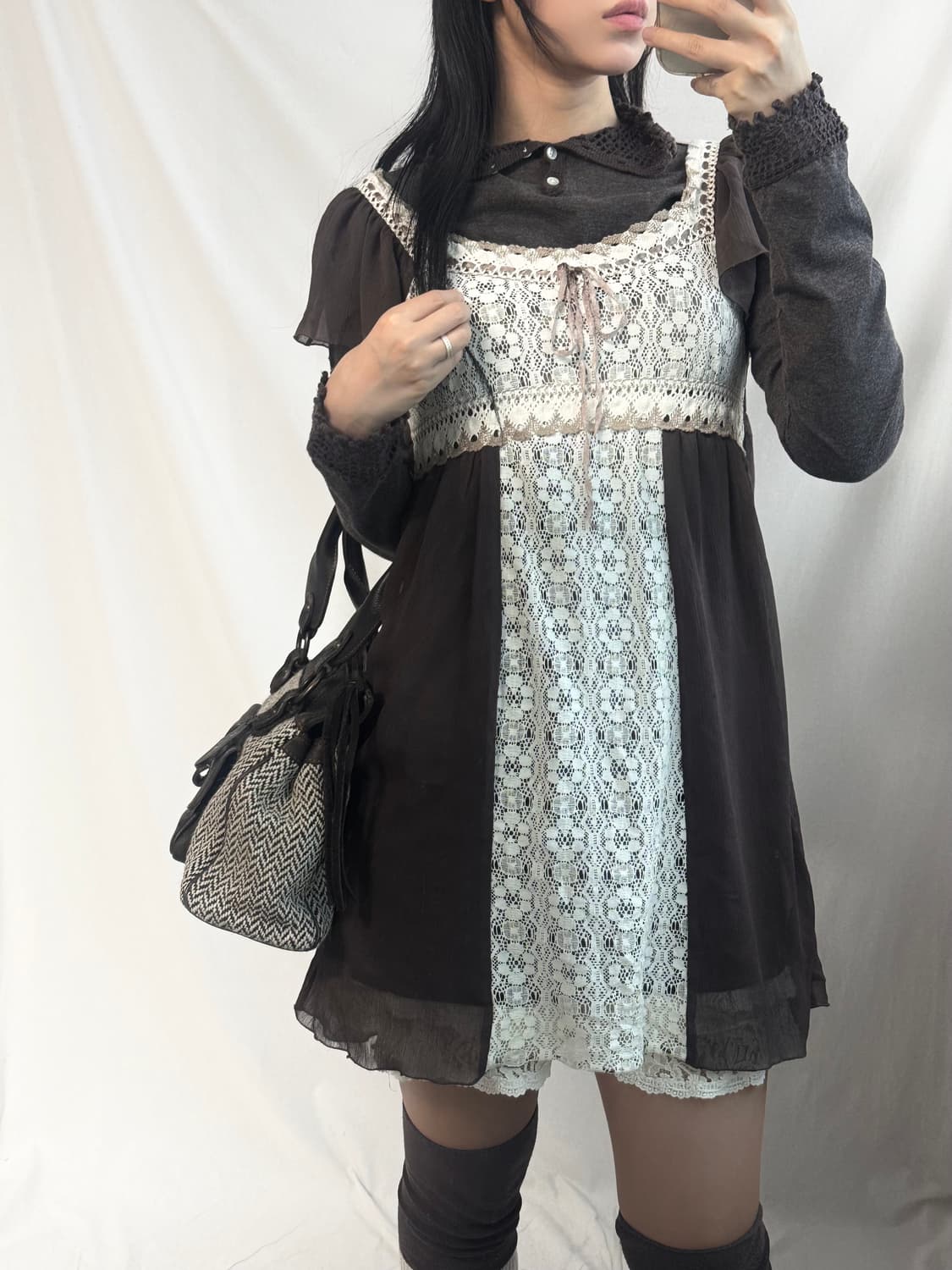 레이스 모티프 버튼 폴라넥 원피스 2pcs SET 상품이미지2