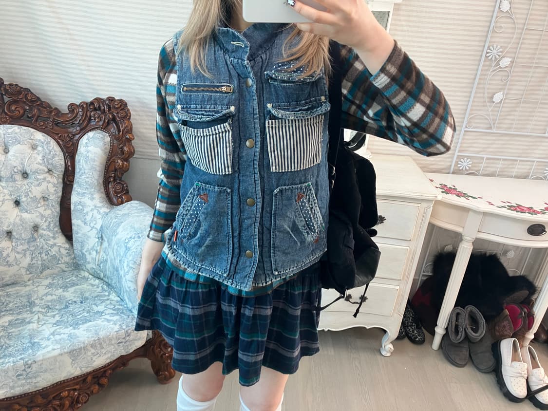 일본빈티지 리버시블 데님 도트 누빔 베스트 상품이미지1