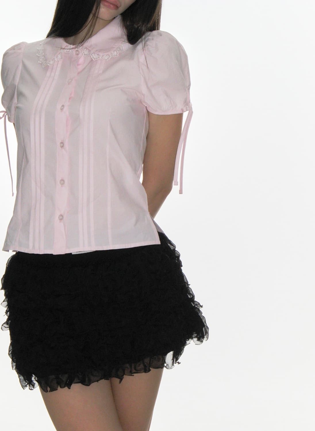 크랭크 핀턱 레이스 카라 블라우스 핑크 상품이미지5