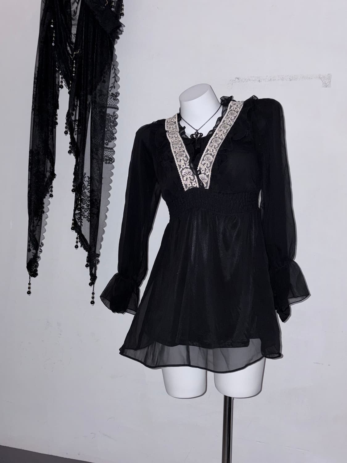 블랙 페어리 오리엔탈 시스루 원피스 (자수, 프릴, 샤, 고딕, 고스) 상품이미지6
