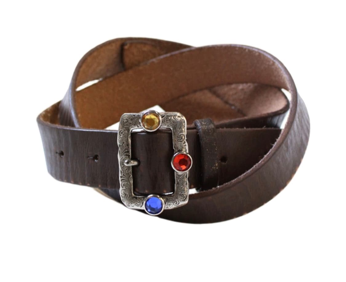 캐피탈 오일드 레더 잼스톤 스터드 벨트 브라운 판매 합니다. 상품이미지1