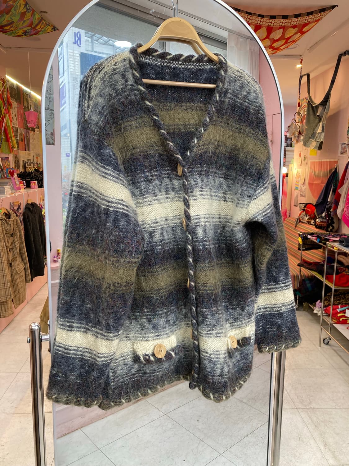 빈티지 네이비 스트라이프 버튼 가디건 상품이미지1