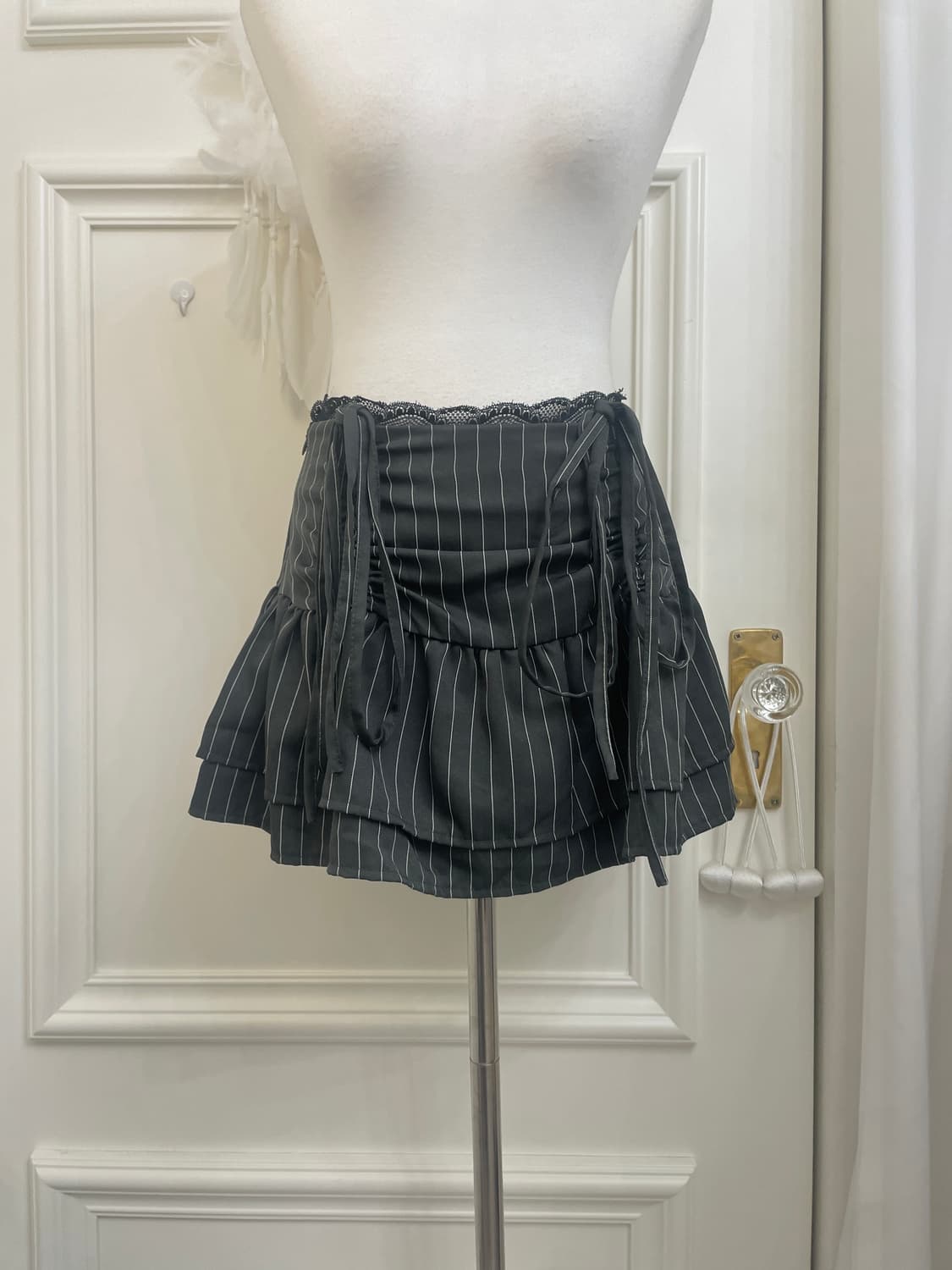 charcoal stripe shirring bow mini skirt 상품이미지5